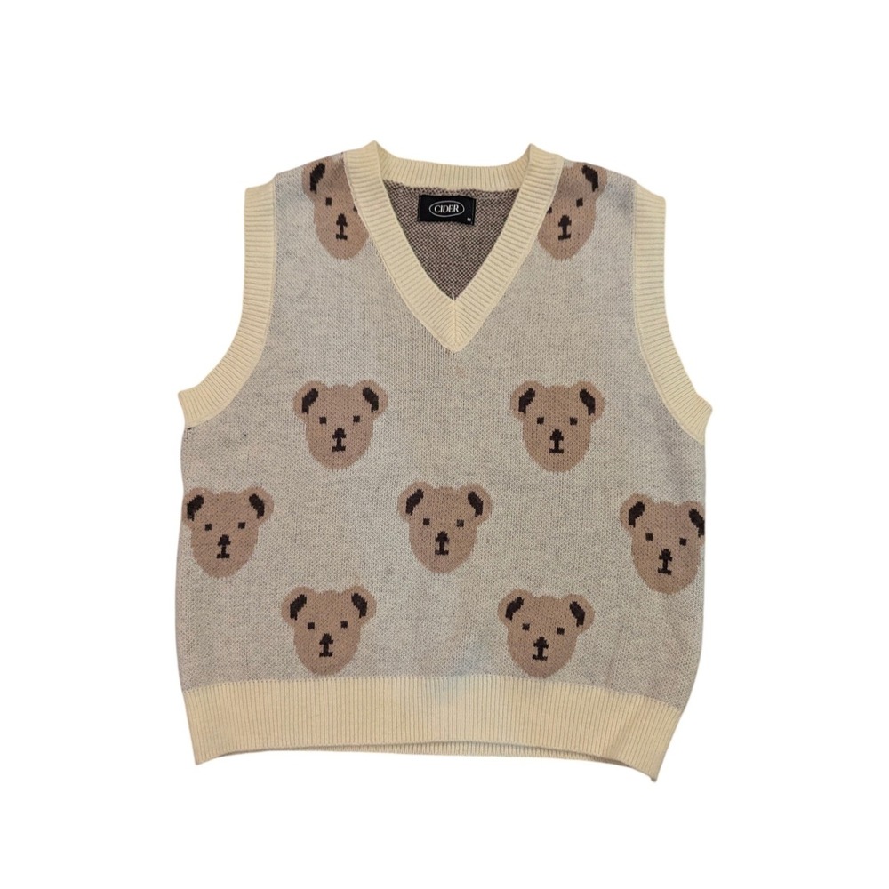 Cider Teddy Bear Knit‎ Sweater Vest Gray Cream V-Neck Womens Size Medium